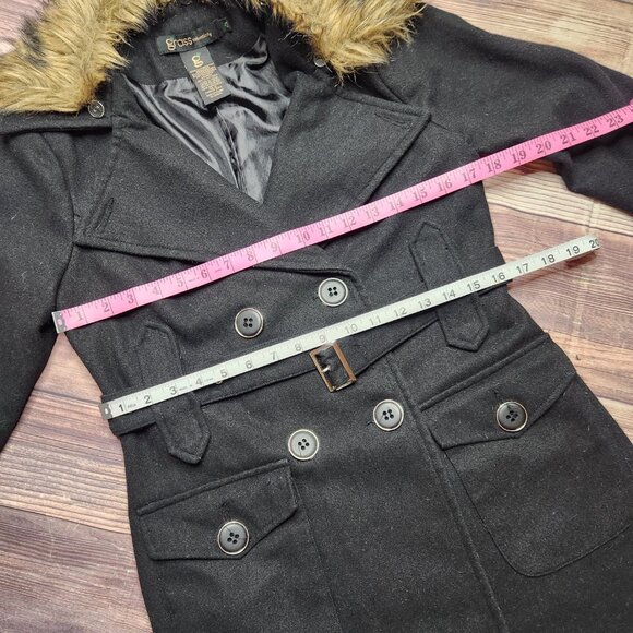 Grass Collection Black Brown Faux Fur Belted Button Pea Coat - Picture 7 of 8